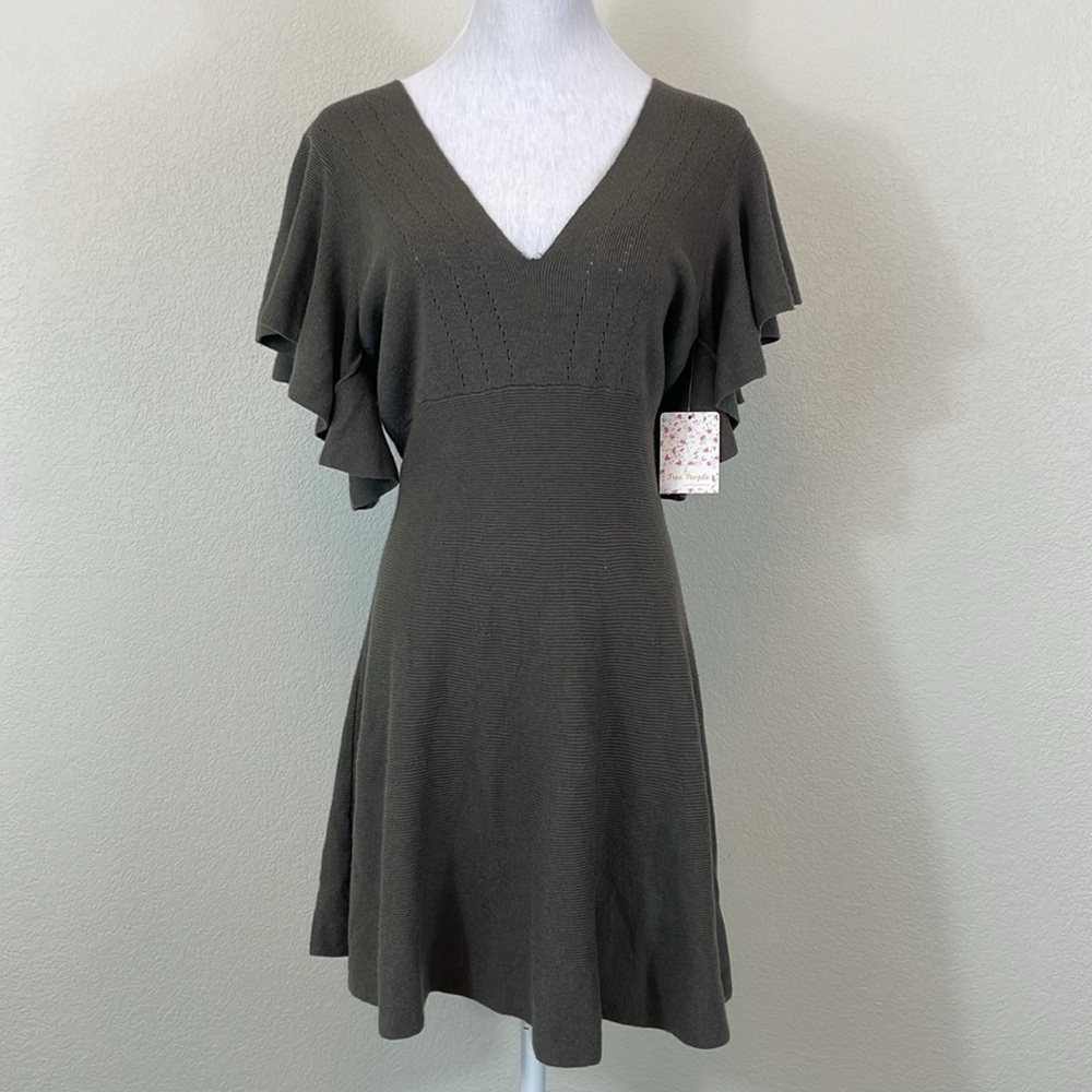 NWT Free people dark green knitted flutter sleeve mini dress size‎ medium